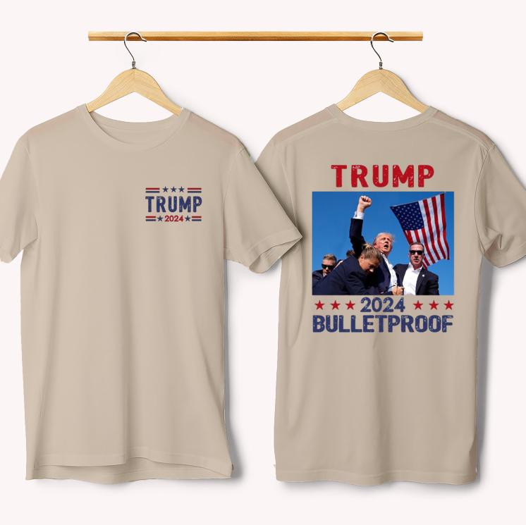 Trum 2024 Bulletproof Shirt, Praying for Presidet Trum Shirt, Bloodied Trum Fist Pumps, Trum Shooting Tee, Trum Assassination Tee Trum Shirts 2024, Double Sided Graphic Printed - Classic Cotton Short Sleeve Top for Men - Man Menswear Underwear Tshirt