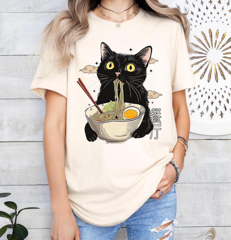 Ramen Cat T-Shirt, Cat Lover Gift, Anime Cat T-Shirt, Japanese Shirt
