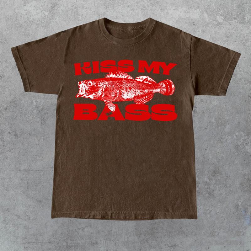 Kiss My Bass Vintage Style Fishing T-Shirt, Retro Fisher T Shirt, Fisher Gear, Fisher Graphic Shirt, Adult Unisex Relaxed Cotton Shirt - Red Design Limited Edition