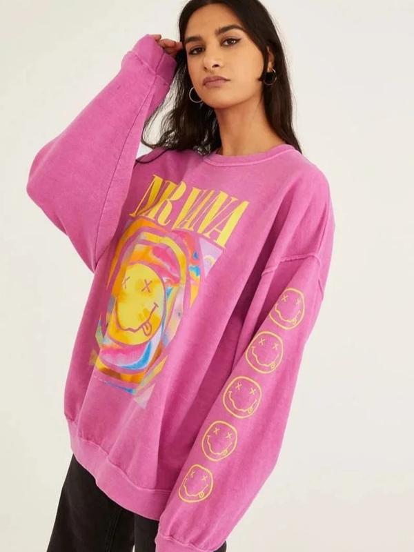 Hot Pink Nirvana Smile Face Sweatshirt, Happy Face Shirt, 90s T-shirt Vintage Aesthetic, Y2K Clothing, Y2K Fashion, Gift For Her, Nirvana Smile Shirt,