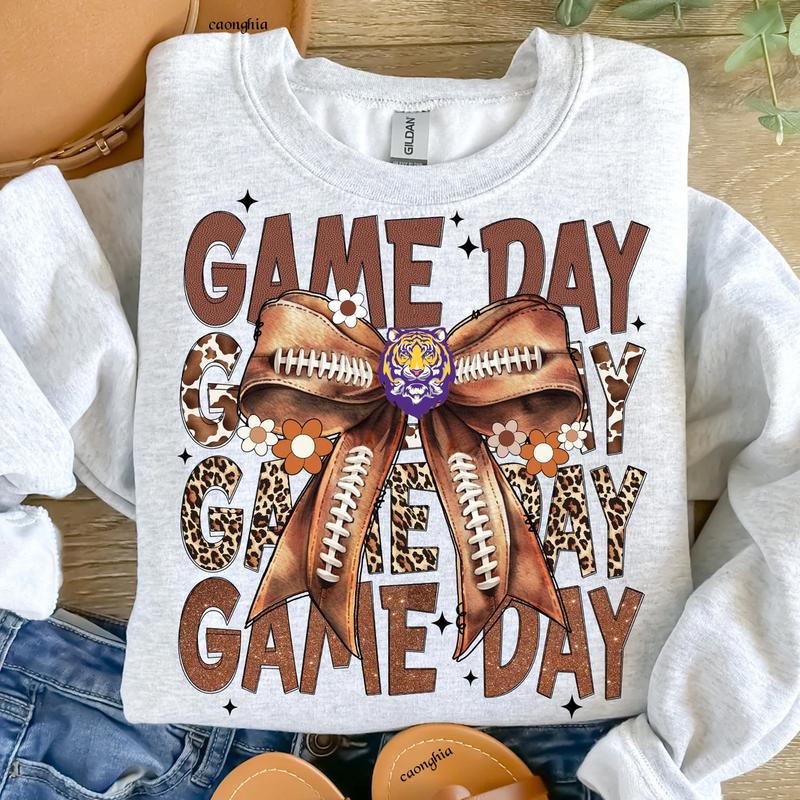 Vintage LSU Football Coquette Bow Game Day Shirt, Gameday Women's Sweatshirt Cotton Fit Top Womenswear