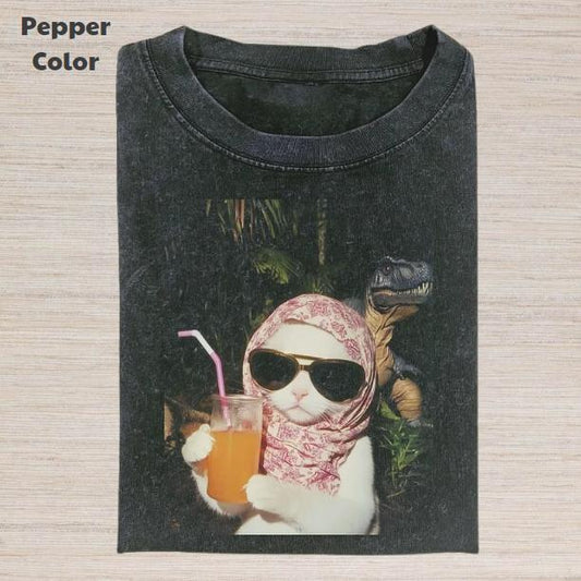 Just A Chill Girl Vintage Graphic Tee, Cat And Dinosaur T-Shirt, Unisex Meme Cringe Funny Dumb Shirt, Menswear Womenswear Streetwear