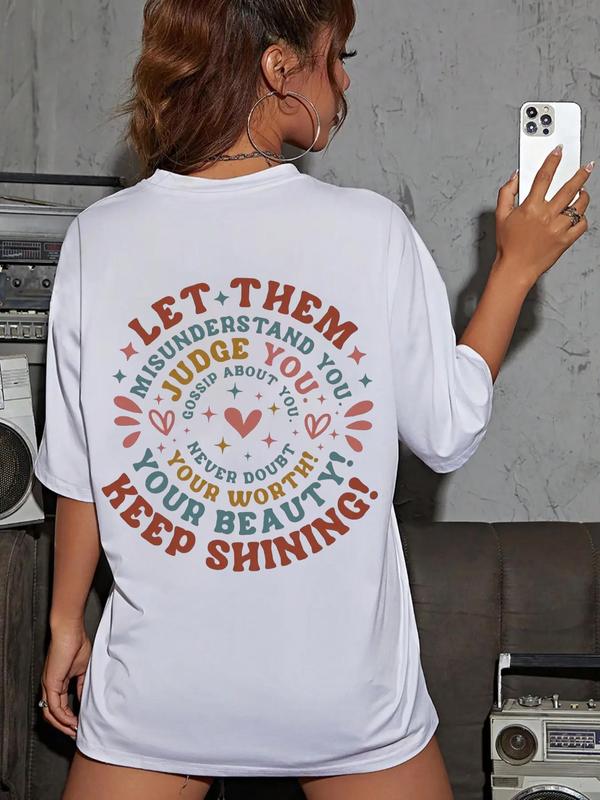 Women's Letter Print Drop Shoulder Tee, Summer Clothes Women,Â Casual Fashion Round Neck Half Sleeve T-Shirt for Daily Holiday Vacation Outdoor Wear, Women Tops for Summer