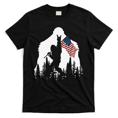 Funny Bigfoot Rock On Hold American Flag Sasquatch Believers T-Shirt