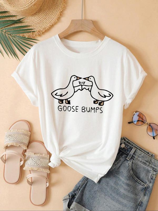 Women's Cartoon Goose & Letter Print Round Neck Tee, Summer Clothes Women, Casual Graphic Crew Neck Short Sleeve T-shirt for Summer, Women's Top for Daily Wear