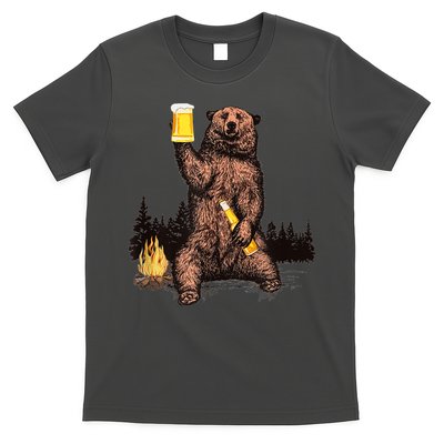 Funny Grizzly Bear Drinking Beer Camp Fire Woods Outdoor Gift T-Shirt