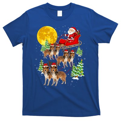 Funny Reindeer Sheltie Dogs With Santa Sleigh Xmas Holiday Funny Gift T-Shirt