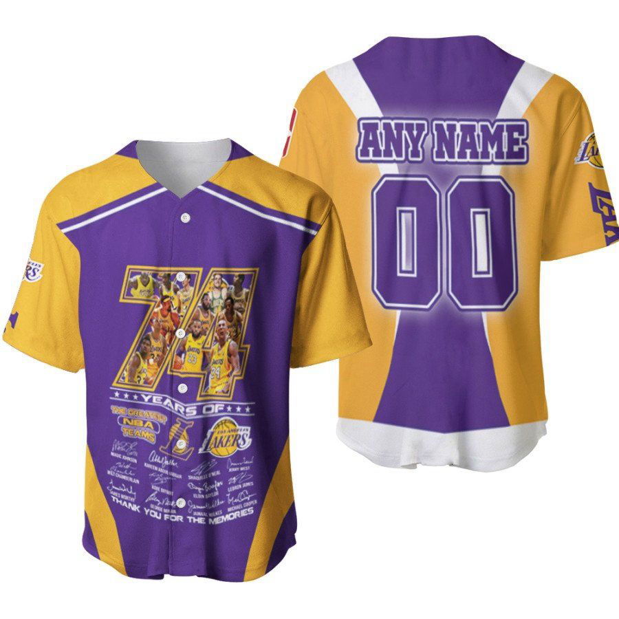 Los Angeles Lakers 74 Years Of Lakers The Greatest Teams Signatures Designed Allover Gift With Custom Name Number For Lakers Fans Baseball Jersey Gifts for Fans - lylyprint.com