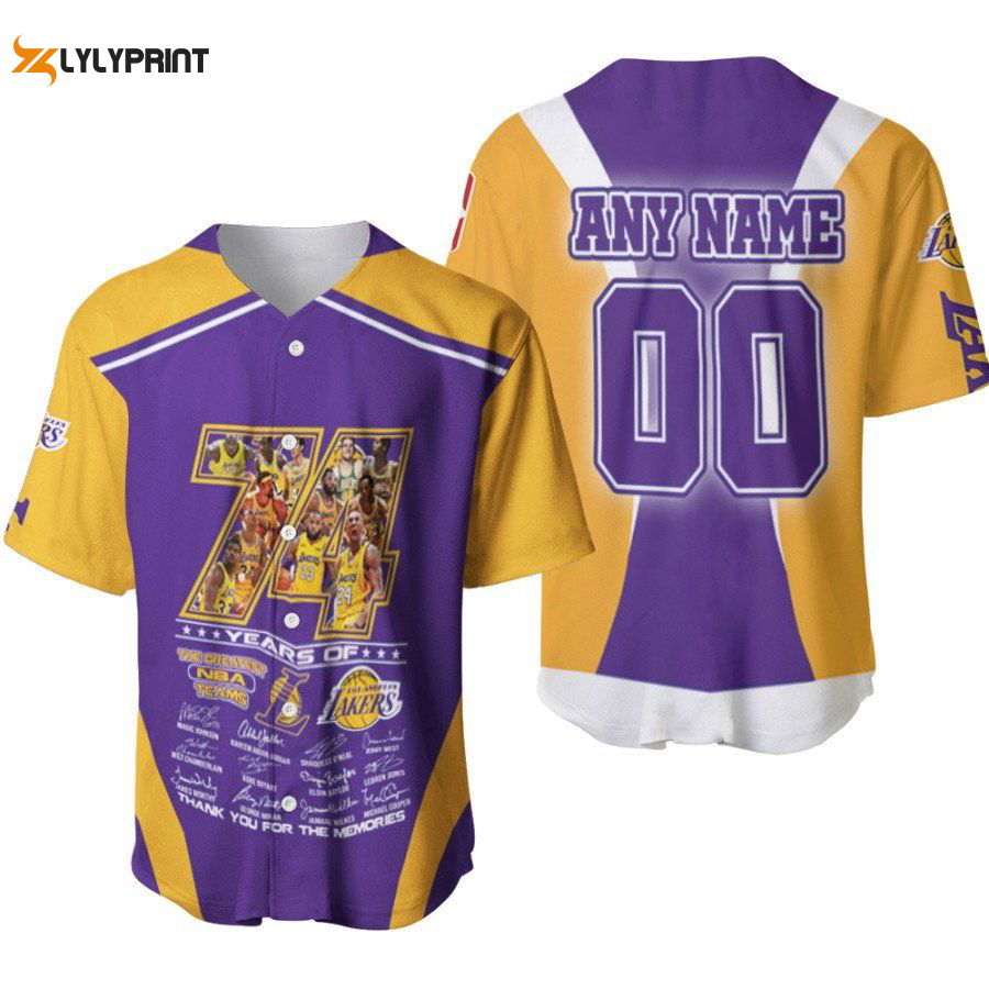 Los Angeles Lakers 74 Years Of Lakers The Greatest Teams Signatures Designed Allover Gift With Custom Name Number For Lakers Fans Baseball Jersey Gifts for Fans - lylyprint.com