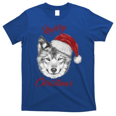 Merry Christmas Funny Wolf Face With Santa Hat Retro Xmas Gift T-Shirt