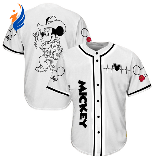 Disney Mickey Cowboy Graphic White Black Baseball Jersey - Mickey Jersey Shirt - Bafud