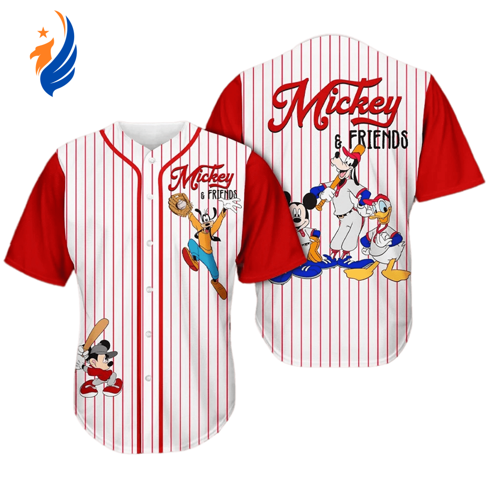 Mickey Mouse Goofy Donald Duck Graphic White Red Baseball Jersey - Authentic Disney Mickey Jersey - Bafud