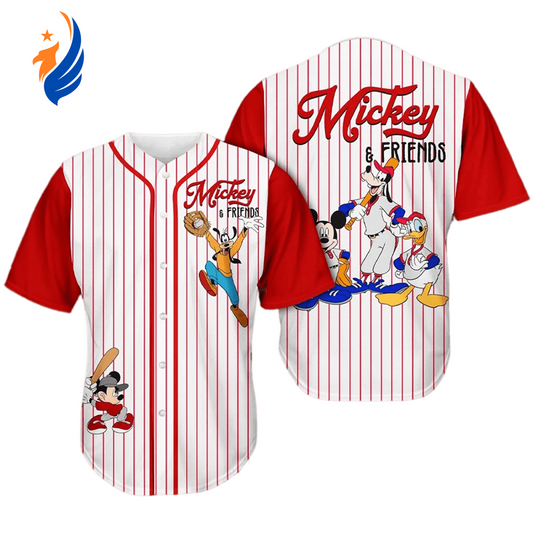 Mickey Mouse Goofy Donald Duck Graphic White Red Baseball Jersey - Authentic Disney Mickey Jersey - Bafud
