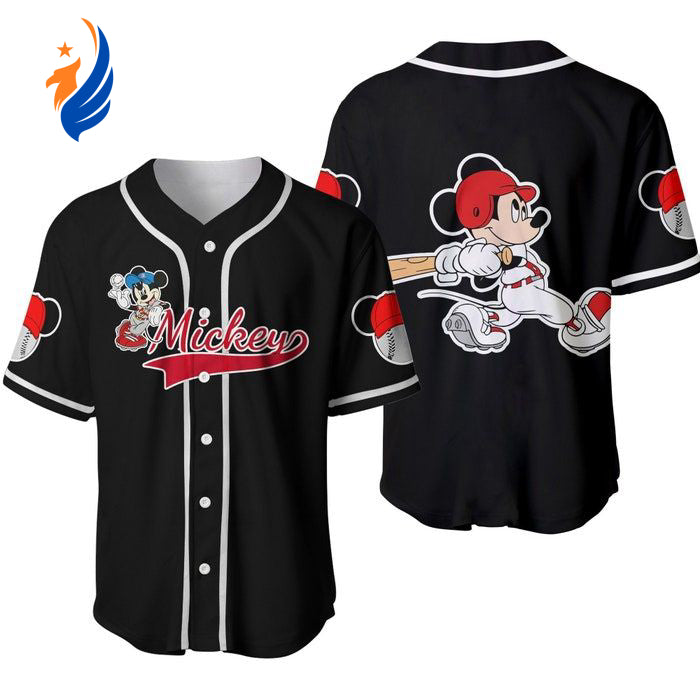Mickey Mouse Red Black Cute Disney Cartoons Graphics Unisex Custom Baseball Jersey - Bafud