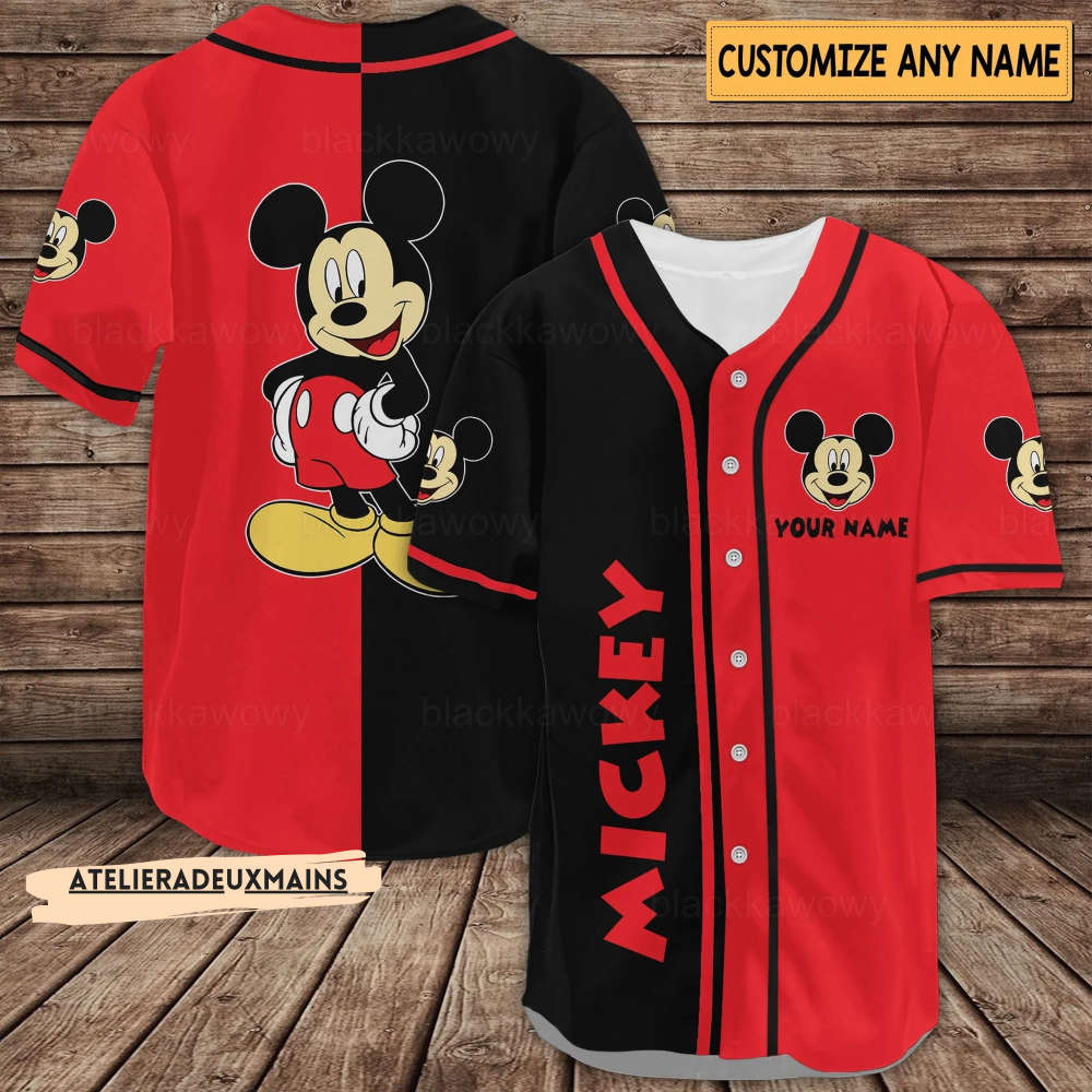 Custom Be Happy Mickey Mouse Black Red Baseball Jersey - Personalized Baseball Shirts for a Fun and Stylish Look - Bafud