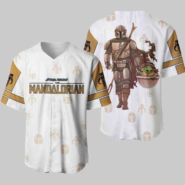 Star Wars Mandalorian White Brown Pattern Disney Unisex Cartoon Graphics Casual Outfits Custom Baseball Jersey Gifts for Fans - lylyprint.com