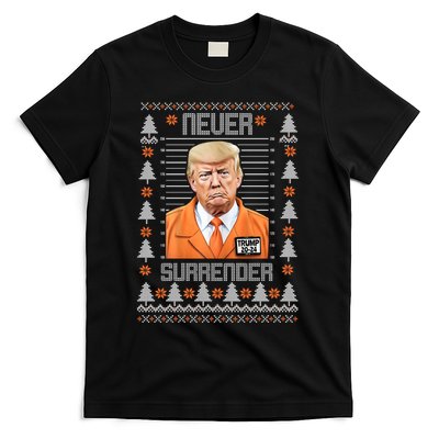 Trump Mugshot Never Surrender Ugly Christmas T-Shirt