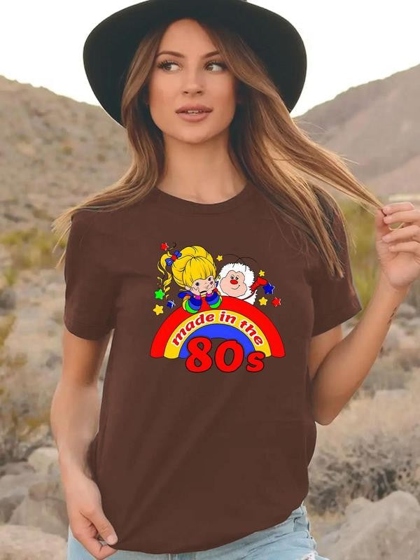 Women's Cartoon Girl & Letter Print Round Neck Short Sleeve Tee, T Shirts for Women, Casual Crew Neck T-shirt for Daily Wear, Graphic Tees, Ladies Clothes for All Seasons