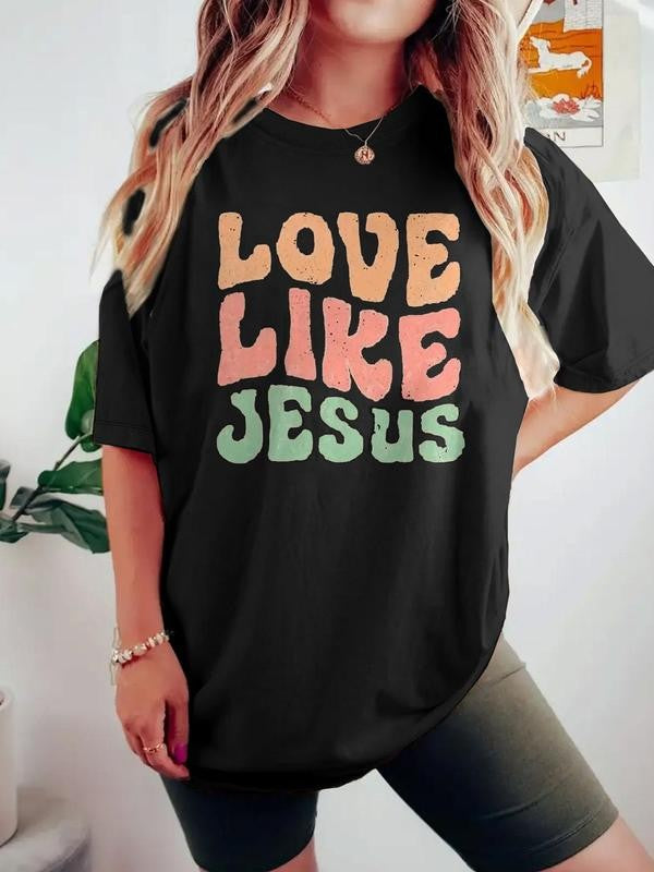 Women's Letter Print Round Neck Graphic Tee, Lady Summer Tops, Graphic Tees,Â Vintage Trendy Casual Drop Shoulder Half Sleeve T-shirt For Daily Wear, Ladies Summer Outfit