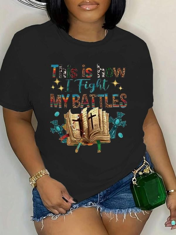 Women's Letter & Book Print Round Neck Tee, Casual Crew Neck Short Sleeve T-shirt, Ladies Summer ClothesÂ for Daily Holiday Vacation Outdoor Wear