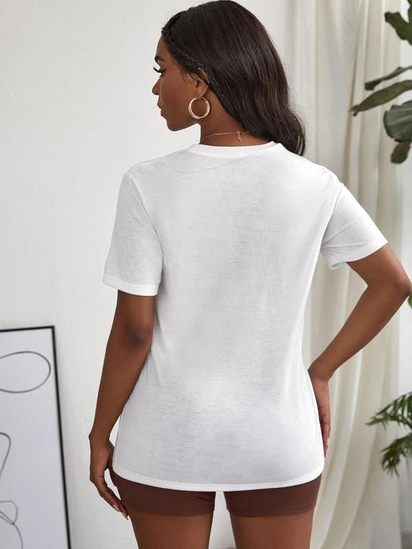 Women's Letter Print Drop Shoulder T-Shirt, Summer Clothes Women, Casual Fashion Round Neck Half Sleeve Tee for Daily Holiday Vacation Outdoor Wear, Women Tops for Summer