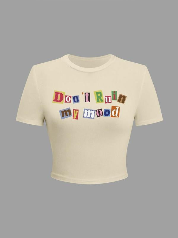 Women's Letter Print Round Neck Crop Tee, Graphic Tees, Casual Short Sleeve Graphic Crop Top for Summer, Fashion Women's Top for Daily Wear