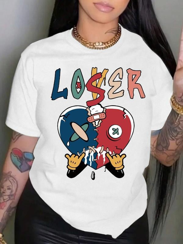 Women's Cartoon Heart Print Round Neck Short Sleeve Tee, Casual Letter Print Crew Neck T-shirt, Graphic Tees, Summer Outfits 2024, Summer Clothes, Summer Tops