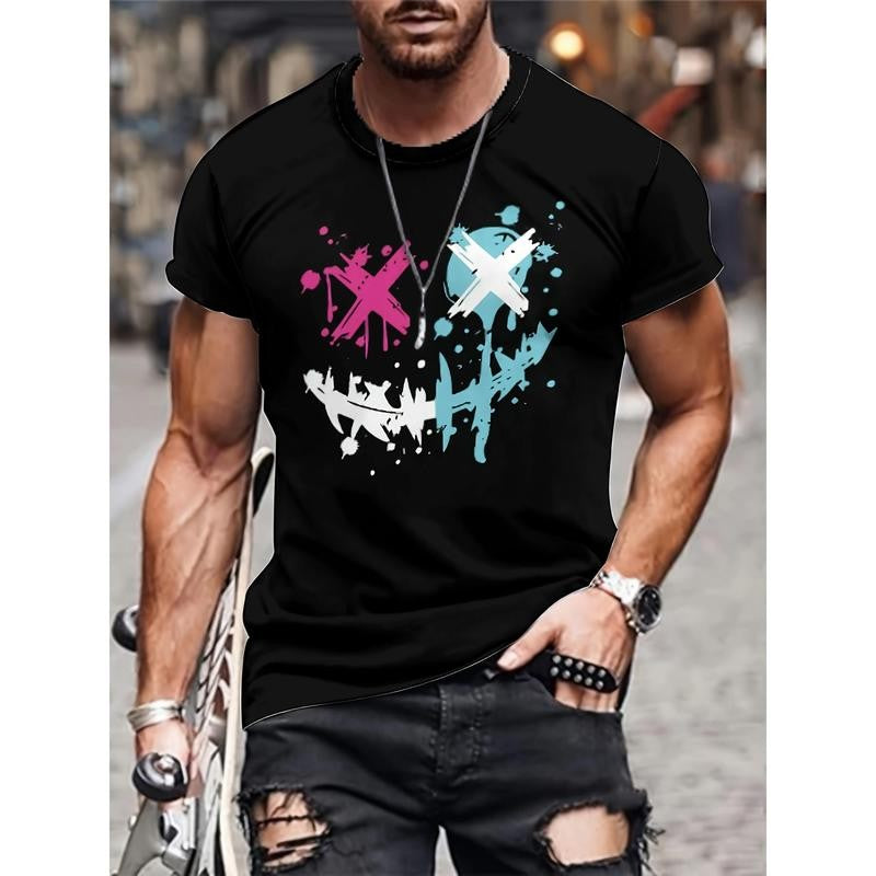 2024 Men's Evil Smiling Face Pattern Print T-shirt, Crew Neck And Short Sleeve, Casual And Trendy Tops For Spring, Summer And Autumn Leisurewear