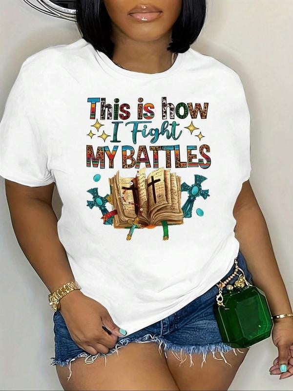 Women's Letter & Book Print Round Neck Tee, Casual Crew Neck Short Sleeve T-shirt, Ladies Summer ClothesÂ for Daily Holiday Vacation Outdoor Wear