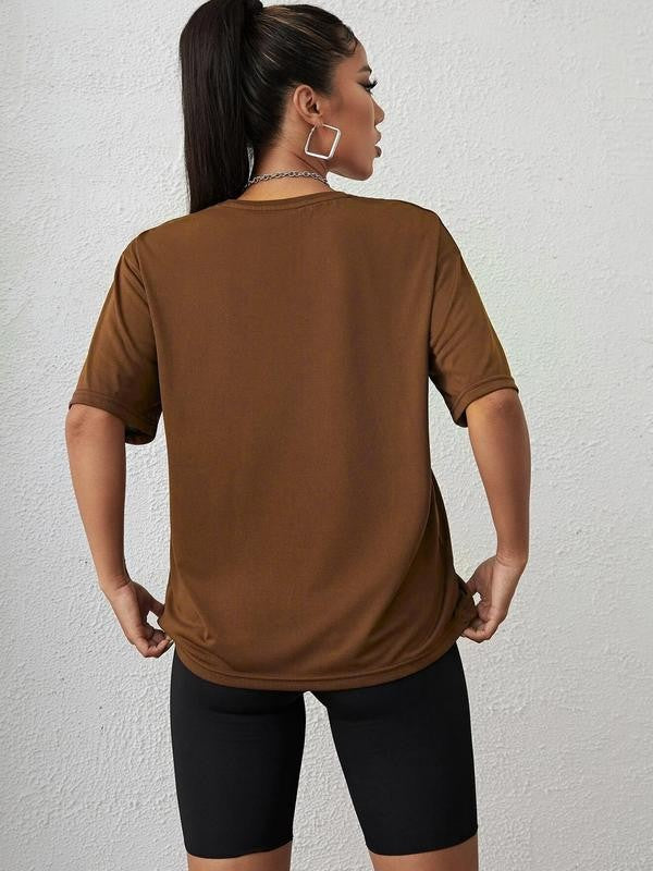 Women's Letter Print Drop Shoulder T-Shirt, Summer Clothes Women, Casual Fashion Round Neck Half Sleeve Tee for Daily Holiday Vacation Outdoor Wear, Women Tops for Summer