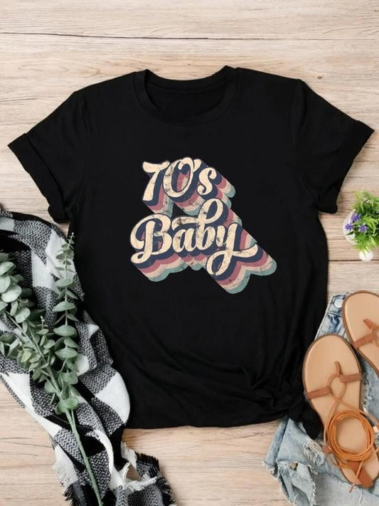 Women's 70's Baby Print Round Neck Graphic Tee, Vintage Graphic Tees, Trendy Casual Short Sleeve T-shirt, T Shirts for Women, Summer Outfits 2024, Ladies Summer Outfit for Daily Wear, Back To School Outfit