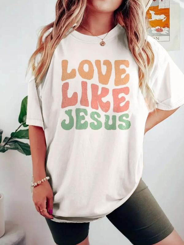 Women's Letter Print Round Neck Graphic Tee, Lady Summer Tops, Graphic Tees,Â Vintage Trendy Casual Drop Shoulder Half Sleeve T-shirt For Daily Wear, Ladies Summer Outfit