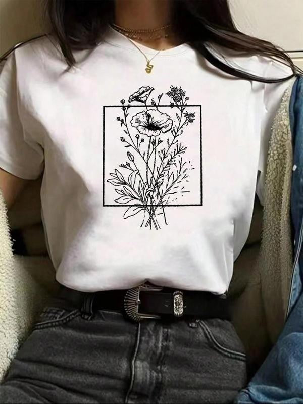 Women's Back To SchoolÂ Floral Print Drop Shoulder Tee, Summer Clothes Women,Â Casual Half Sleeve Round Neck T-Shirt for Summer, Summer Outfits, Graphic Tees,Â Women's Top for Daily Wear Black Girl Outfits