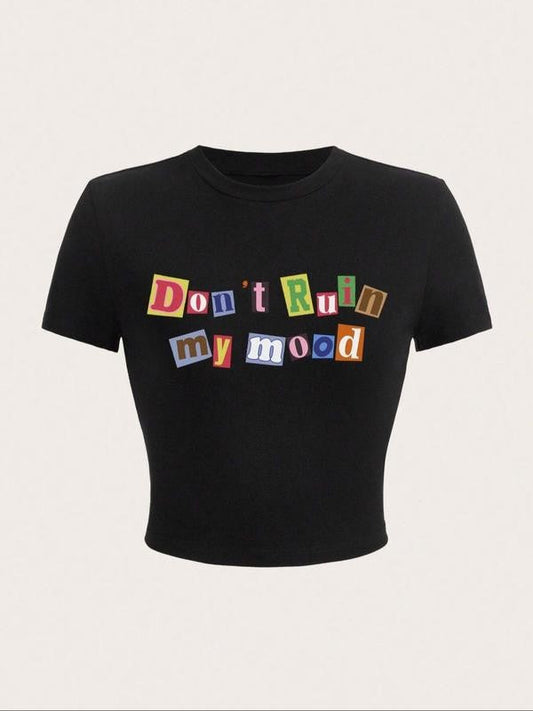 Women's Letter Print Round Neck Crop Tee, Graphic Tees, Casual Short Sleeve Graphic Crop Top for Summer, Fashion Women's Top for Daily Wear