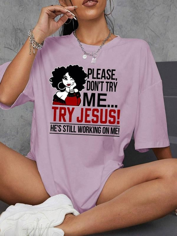 Women's Cartoon Figure & Letter Print Round Neck Tee, Graphic Tees, Fashion Casual Crew Neck Short Sleeve T-Shirt for Daily Holiday Vacation Outdoor Wear, Ladies Clothes for Summer