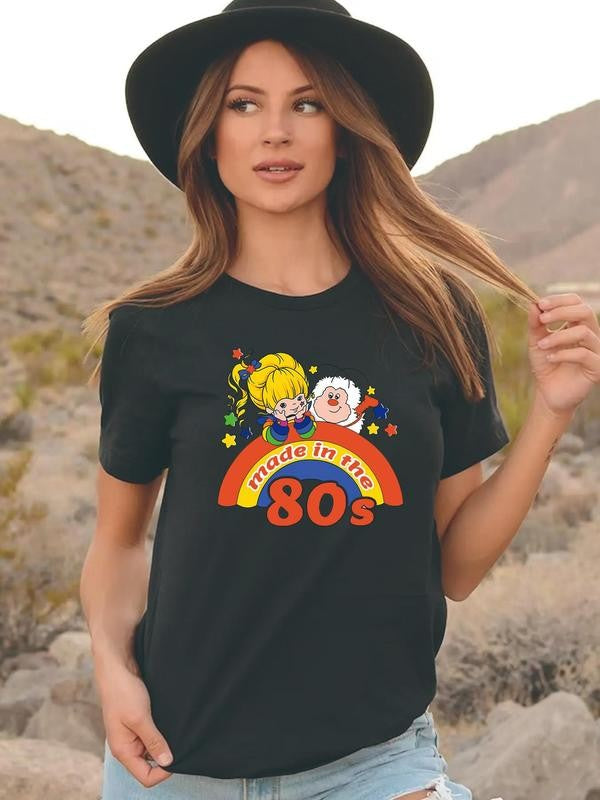 Women's Cartoon Girl & Letter Print Round Neck Short Sleeve Tee, T Shirts for Women, Casual Crew Neck T-shirt for Daily Wear, Graphic Tees, Ladies Clothes for All Seasons