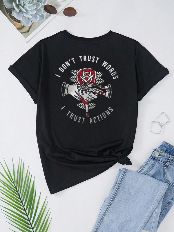 Women's Floral & Hand Print Round Neck Tee, Street Letter Graphic Short Sleeve T-shirt, Ladies Summer Clothes for Daily Outdoor Wear