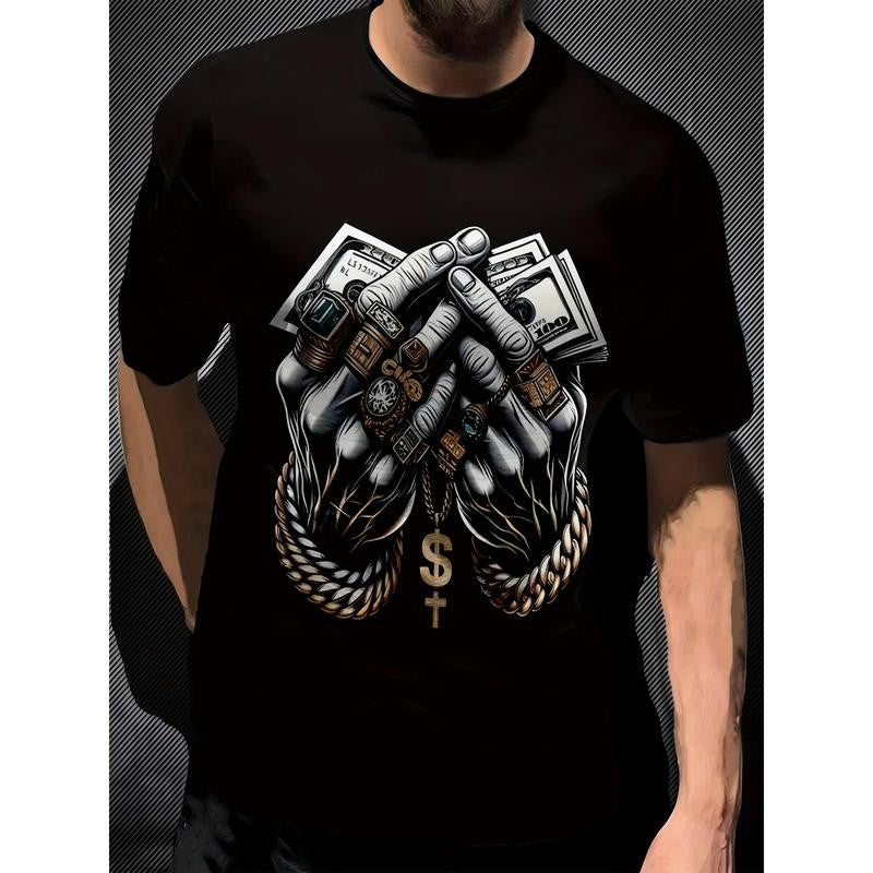 Men's Polyester 3D Digital Print T-Shirt with Dollar and Rings Graphic, Crew Neck, Slight Stretch, Casual Knit Fabric Tee