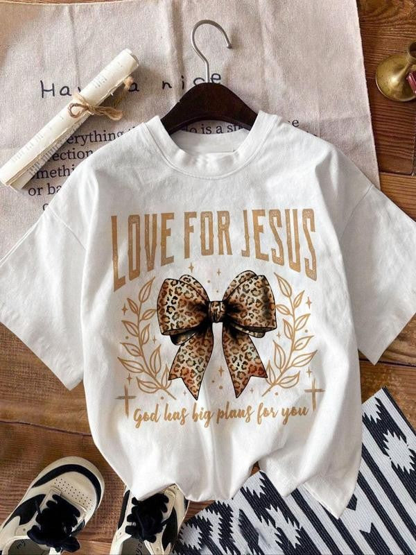 Women's Letter & Leopard Bow & Leaf Print Round Neck Tee, Trendy Casual Short Sleeve T-Shirt for Daily Wear, Ladies Summer Outfit