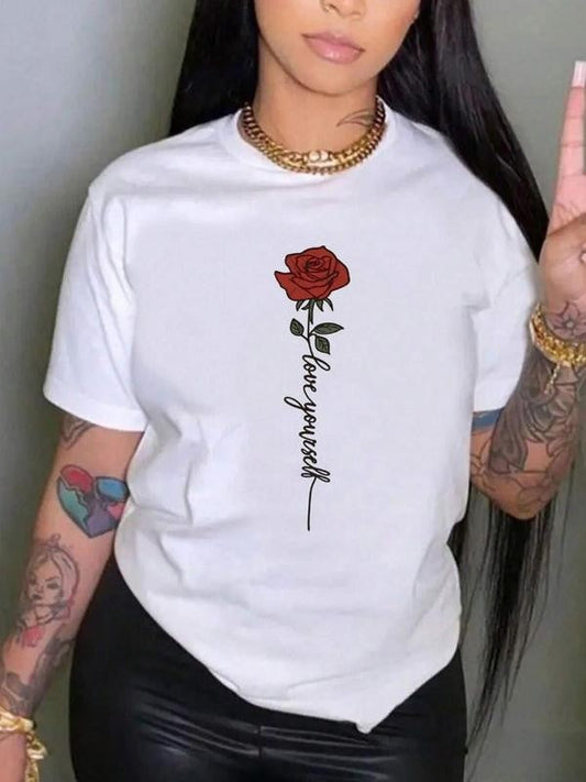 Women's Rose & Letter Print Round Neck Tee, Vintage Trendy Casual GraphicÂ Short Sleeve T-shirt For Daily Wear, Ladies Summer Outfit Valentine's Day, gift