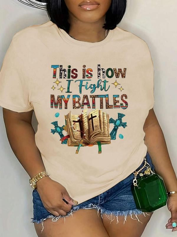 Women's Letter & Book Print Round Neck Tee, Casual Crew Neck Short Sleeve T-shirt, Ladies Summer ClothesÂ for Daily Holiday Vacation Outdoor Wear