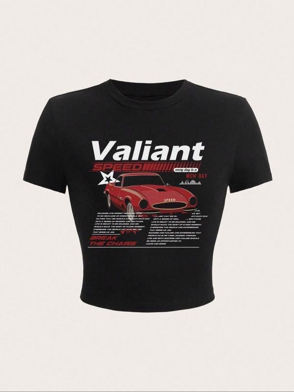 Women's Car & Letter Print Round Neck Crop Tee, Casual Short Sleeve T-shirt, Summer Clothes, Graphic Tees, Going Out Top, Ladies Summer Clothes for Daily Wear