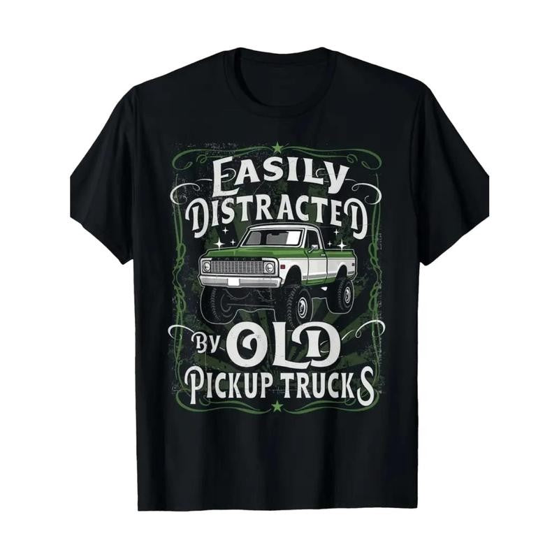 Men'S Cotton T-Shirt, Crew Neck, Regular Fit, Mature Style, Geometric Pattern, Medium Stretch, with Humorous Old Pickup Truck Graphic, for All-Season Wear