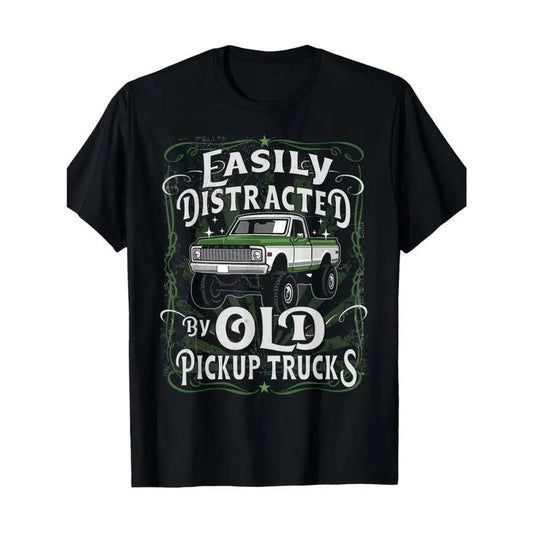 Men'S Cotton T-Shirt, Crew Neck, Regular Fit, Mature Style, Geometric Pattern, Medium Stretch, with Humorous Old Pickup Truck Graphic, for All-Season Wear