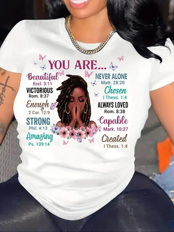 Women's Figure & Letter Print Round Neck Tee, Fashion Casual Crew NeckÂ Short SleeveÂ T-Shirt for Daily Holiday Vacation Outdoor Wear, Ladies Summer Clothes