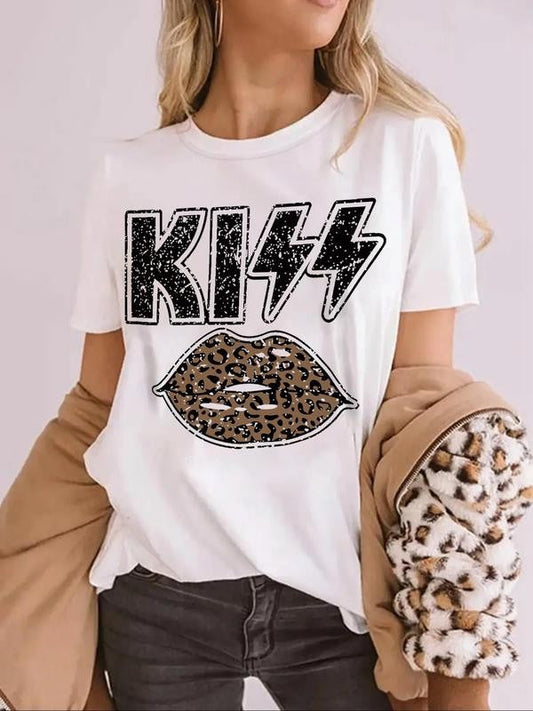 Women's Leopard Lips Graphic Print Round Neck Tee, Trendy Casual Short Sleeve T-shirt for Daily Wear, Ladies Summer Outfit