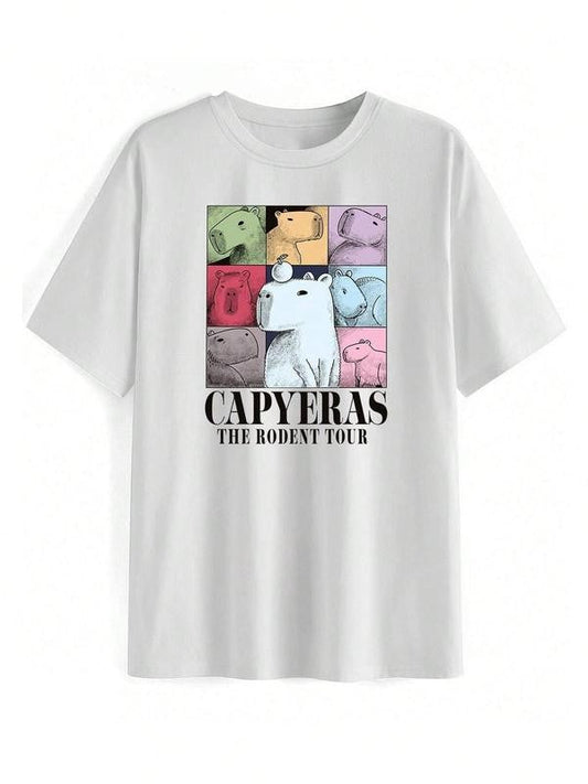 Women's Cartoon Capybara Print Round Neck Graphic Tee, Trendy Casual Short Sleeve T-shirt for Daily Wear, Ladies Summer Outfit