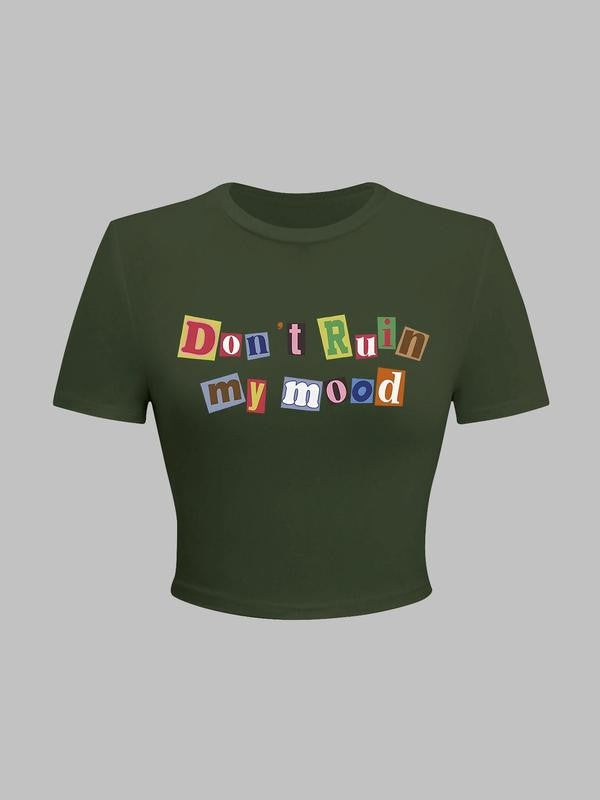 Women's Letter Print Round Neck Crop Tee, Graphic Tees, Casual Short Sleeve Graphic Crop Top for Summer, Fashion Women's Top for Daily Wear