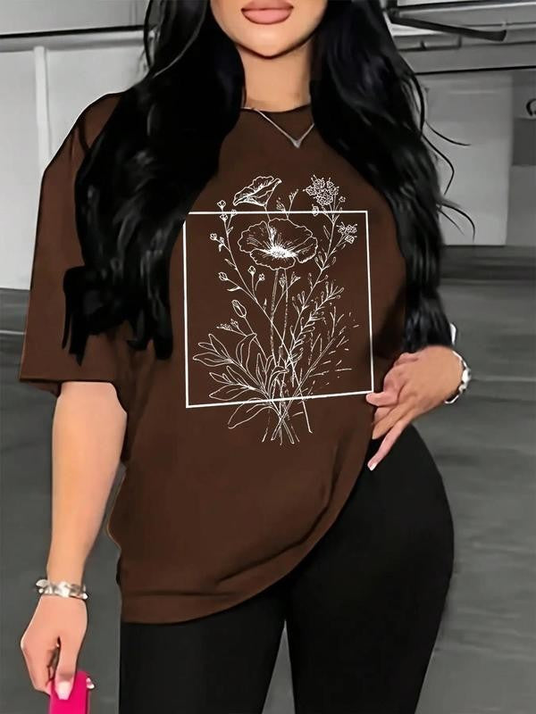 Women's Back To SchoolÂ Floral Print Drop Shoulder Tee, Summer Clothes Women,Â Casual Half Sleeve Round Neck T-Shirt for Summer, Summer Outfits, Graphic Tees,Â Women's Top for Daily Wear Black Girl Outfits