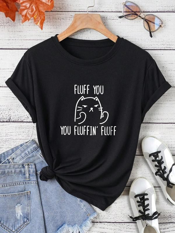 Women's Cartoon Cat & Letter Print Round Neck Tee, Cute Graphic Short Sleeve T-Shirt for Daily Wear, Ladies Summer Clothes